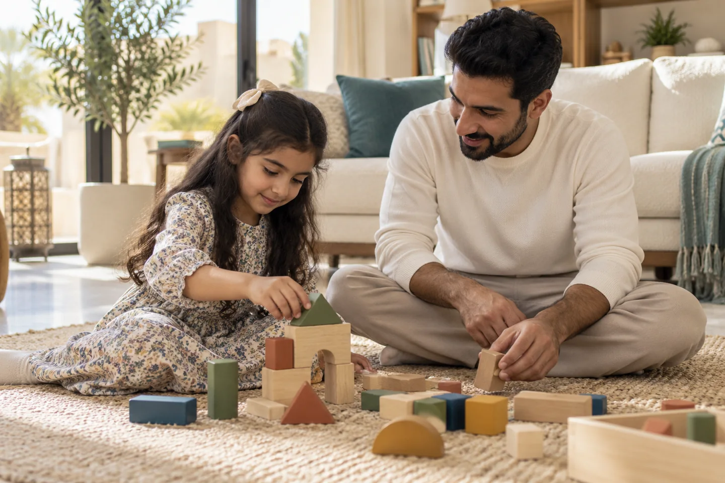 أب وطفلته يتشاركان نشاطًا بالمجسمات في المنزل