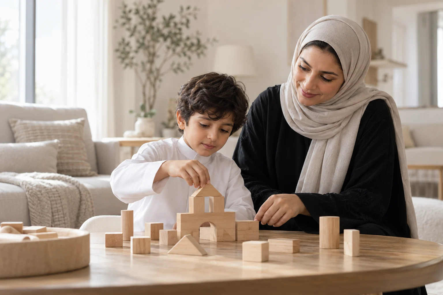 أم وطفل يشاركان في نشاط تعلّم منزلي بالمكعبات